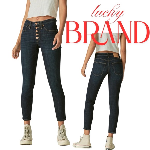 Lucky Brand Mid Rise Ava Skinny Women's Dark Wash Cropped Button Fly Jeans - Picture 1 of 10